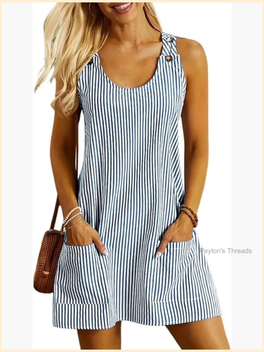 Womens Sleeveless Summer Sundress U Neck Striped Print Short Dress with Pockets